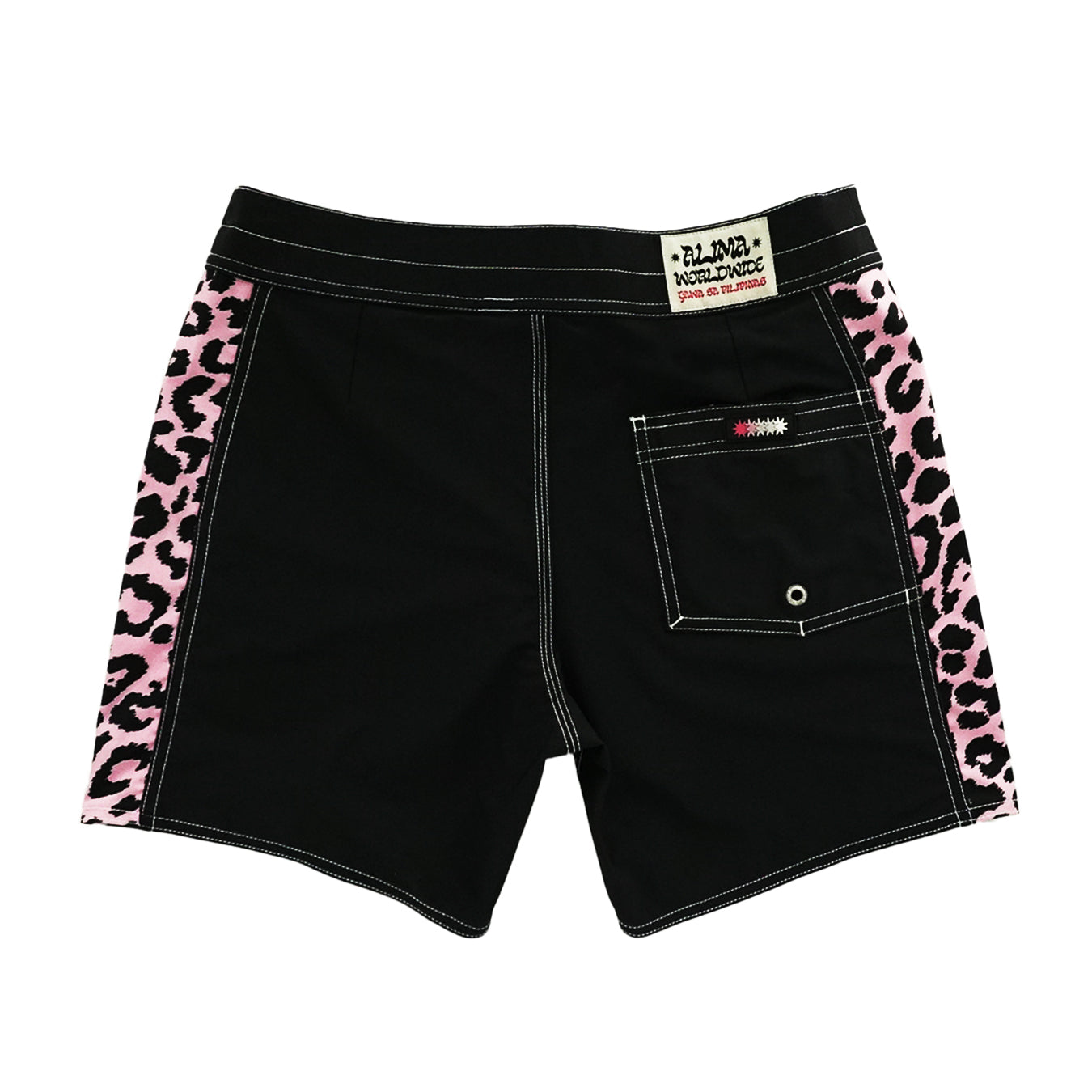 Retro Snap in Black with Pink Leopard Panels Boardshorts