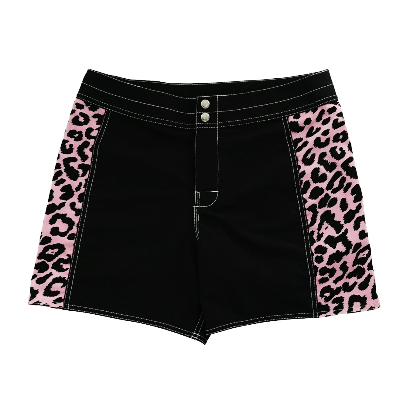 Retro Snap in Black with Pink Leopard Panels Boardshorts